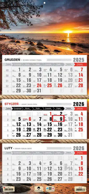 Obniżka ceny Kalendarz 2026 trójdzielny płaska główka orłowo