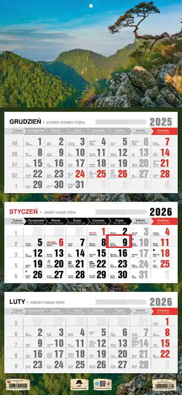 Kalendarz 2026 trójdzielny płaska główka Sokolnica Bezpieczne zakupy